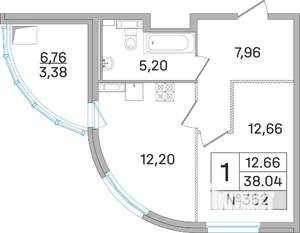 1-к квартира, строящийся дом, 38м2, 15/19 этаж