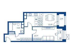 1-к квартира, строящийся дом, 45м2, 6/22 этаж