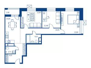 3-к квартира, строящийся дом, 82м2, 2/22 этаж