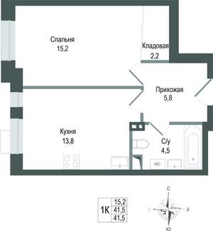 1-к квартира, строящийся дом, 42м2, 2/8 этаж