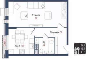 1-к квартира, вторичка, 44м2, 4/8 этаж