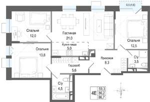 4-к квартира, вторичка, 86м2, 3/8 этаж