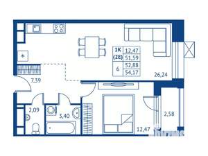1-к квартира, строящийся дом, 52м2, 3/22 этаж