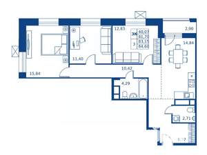 3-к квартира, строящийся дом, 82м2, 6/22 этаж