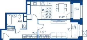 1-к квартира, строящийся дом, 44м2, 21/22 этаж