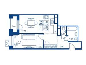 1-к квартира, строящийся дом, 45м2, 14/16 этаж