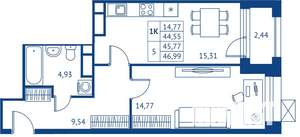 1-к квартира, строящийся дом, 45м2, 5/22 этаж