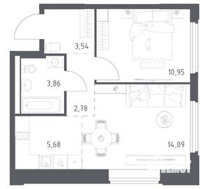 1-к квартира, вторичка, 41м2, 12/17 этаж