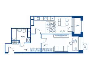 1-к квартира, строящийся дом, 45м2, 12/16 этаж
