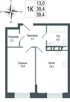 1-к квартира, строящийся дом, 39м2, 2/8 этаж