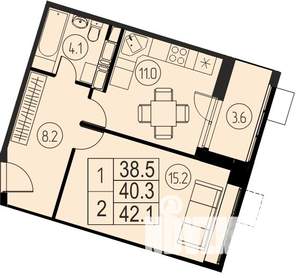 1-к квартира, строящийся дом, 40м2, 12/17 этаж
