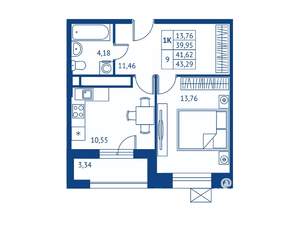 1-к квартира, строящийся дом, 40м2, 18/22 этаж