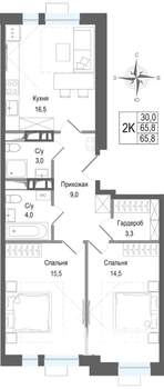 2-к квартира, строящийся дом, 66м2, 3/8 этаж