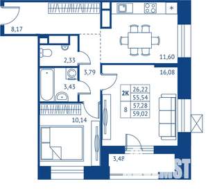 2-к квартира, строящийся дом, 56м2, 13/22 этаж