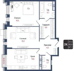 2-к квартира, вторичка, 67м2, 7/8 этаж