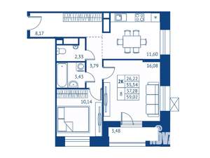 2-к квартира, строящийся дом, 56м2, 13/16 этаж