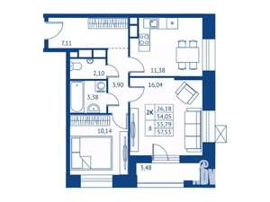 2-к квартира, строящийся дом, 54м2, 18/22 этаж