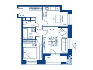 2-к квартира, строящийся дом, 53м2, 2/22 этаж