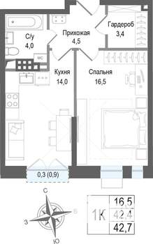 1-к квартира, вторичка, 42м2, 2/8 этаж