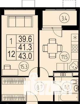 1-к квартира, строящийся дом, 41м2, 15/17 этаж