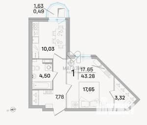 1-к квартира, сданный дом, 43м2, 17/19 этаж