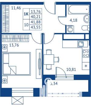 1-к квартира, строящийся дом, 40м2, 6/22 этаж