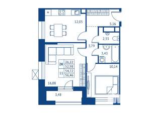 2-к квартира, строящийся дом, 53м2, 2/16 этаж