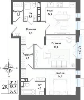 2-к квартира, вторичка, 68м2, 5/8 этаж