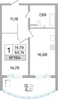 1-к квартира, строящийся дом, 50м2, 14/19 этаж