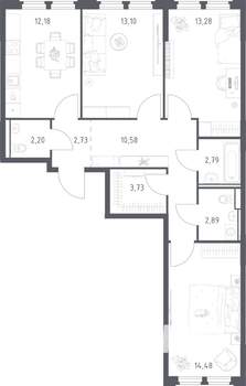 3-к квартира, строящийся дом, 78м2, 3/17 этаж