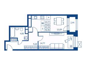 1-к квартира, строящийся дом, 44м2, 13/22 этаж