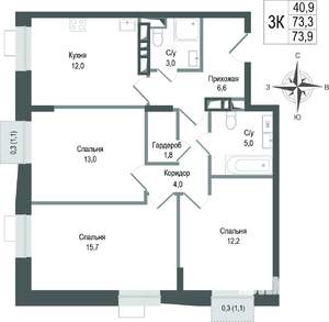 3-к квартира, строящийся дом, 73м2, 6/8 этаж
