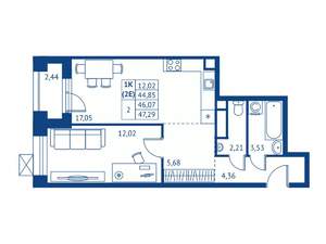 1-к квартира, строящийся дом, 45м2, 2/22 этаж