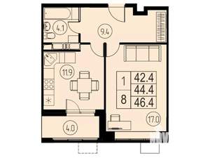 1-к квартира, вторичка, 44м2, 16/17 этаж