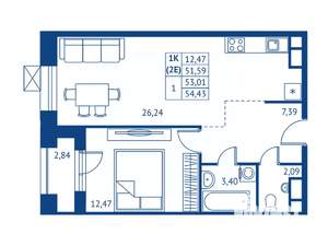 1-к квартира, строящийся дом, 52м2, 3/22 этаж