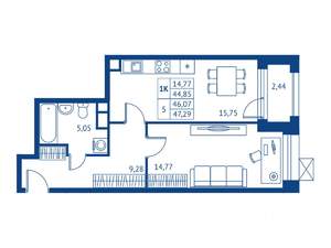 1-к квартира, строящийся дом, 45м2, 2/22 этаж