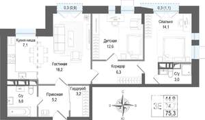 3-к квартира, вторичка, 75м2, 4/8 этаж