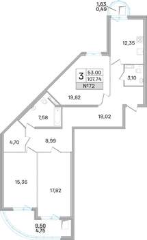 3-к квартира, строящийся дом, 109м2, 16/19 этаж