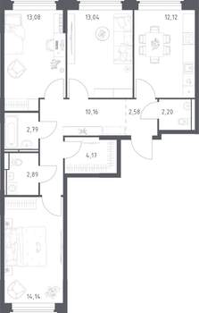 3-к квартира, строящийся дом, 77м2, 2/17 этаж