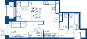 1-к квартира, строящийся дом, 44м2, 12/22 этаж