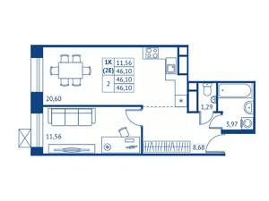 1-к квартира, строящийся дом, 46м2, 8/16 этаж