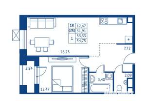 1-к квартира, строящийся дом, 52м2, 2/22 этаж
