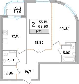 2-к квартира, строящийся дом, 69м2, 14/19 этаж