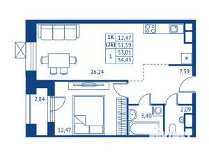 1-к квартира, строящийся дом, 52м2, 6/22 этаж