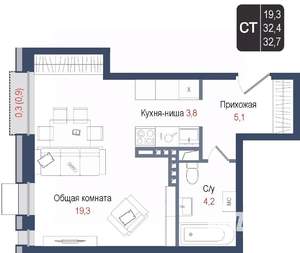 Студия квартира, вторичка, 32м2, 3/8 этаж