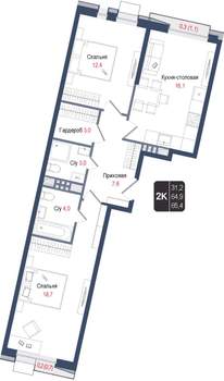 2-к квартира, вторичка, 65м2, 3/8 этаж