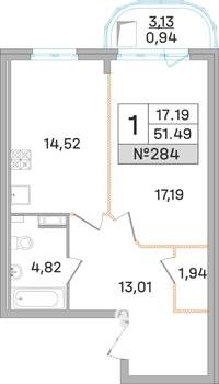 1-к квартира, строящийся дом, 51м2, 18/19 этаж