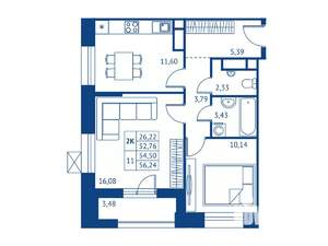 2-к квартира, строящийся дом, 53м2, 3/16 этаж