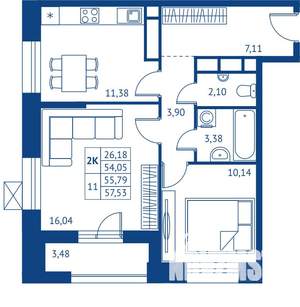 2-к квартира, строящийся дом, 54м2, 16/22 этаж