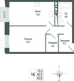 1-к квартира, строящийся дом, 43м2, 3/8 этаж